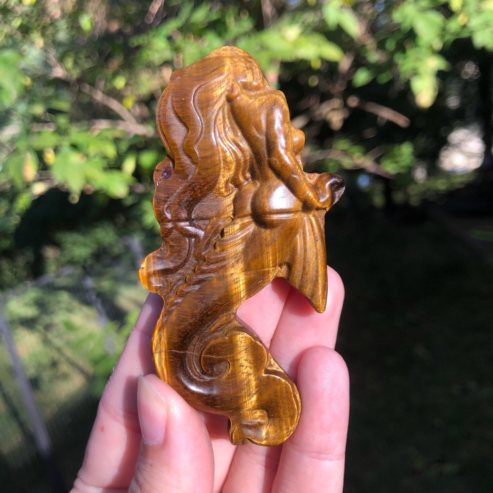 Tigers eye gemstone crystal mermaid carving